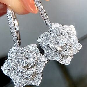 Silver Rose Flower Petal Cubic Zircon Wedding Anniversary Dangle Earrings